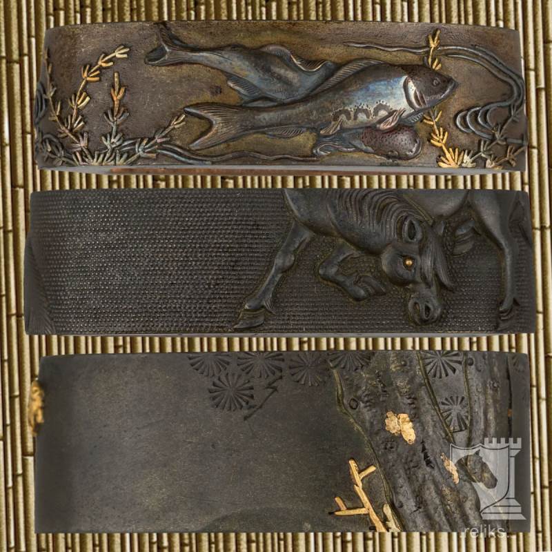 Antique Fuchi Showing Iroye - Mixed-Metal Decoration, Relief Carving And Nanako*