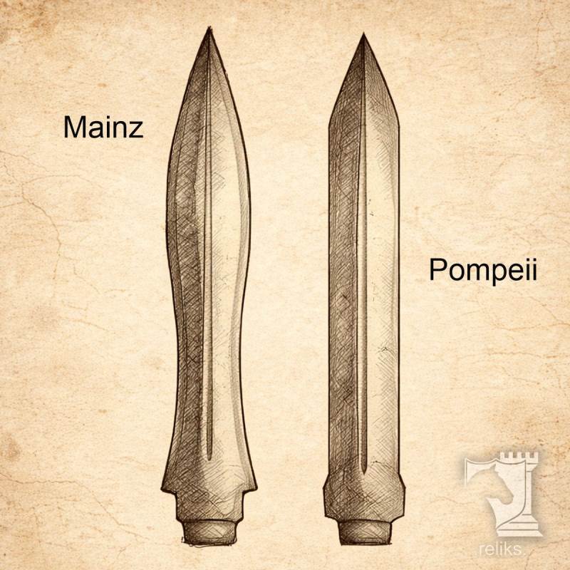 Mainz Pattern Gladius Typically Shows A More Waisted Profile With A Pronounced Point And Subtle Leaf-Like Flare Toward The Centre