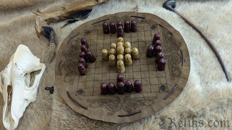 Carved Bone Hnefatafl Set with Leather Board (Luxury Edition)
