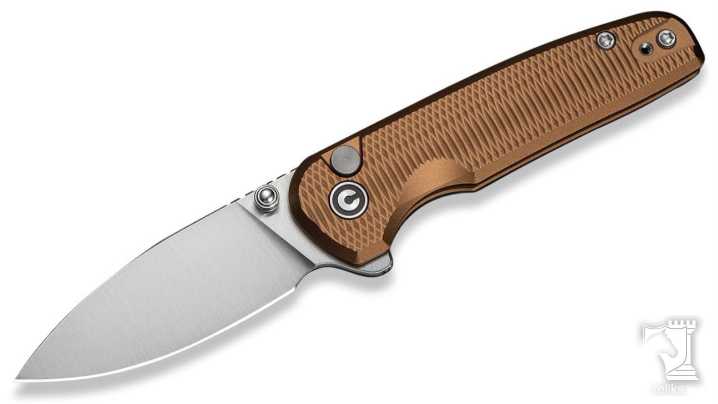 Mini Shakan Flipper & Thumb Stud & Button Lock Knife Ripple Patterned Coyote Brown Aluminum Handle